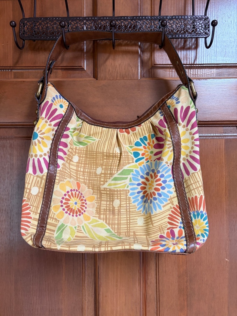 Fossil Multicolor Floral Canvas Shoulder Bag with Brown Trim